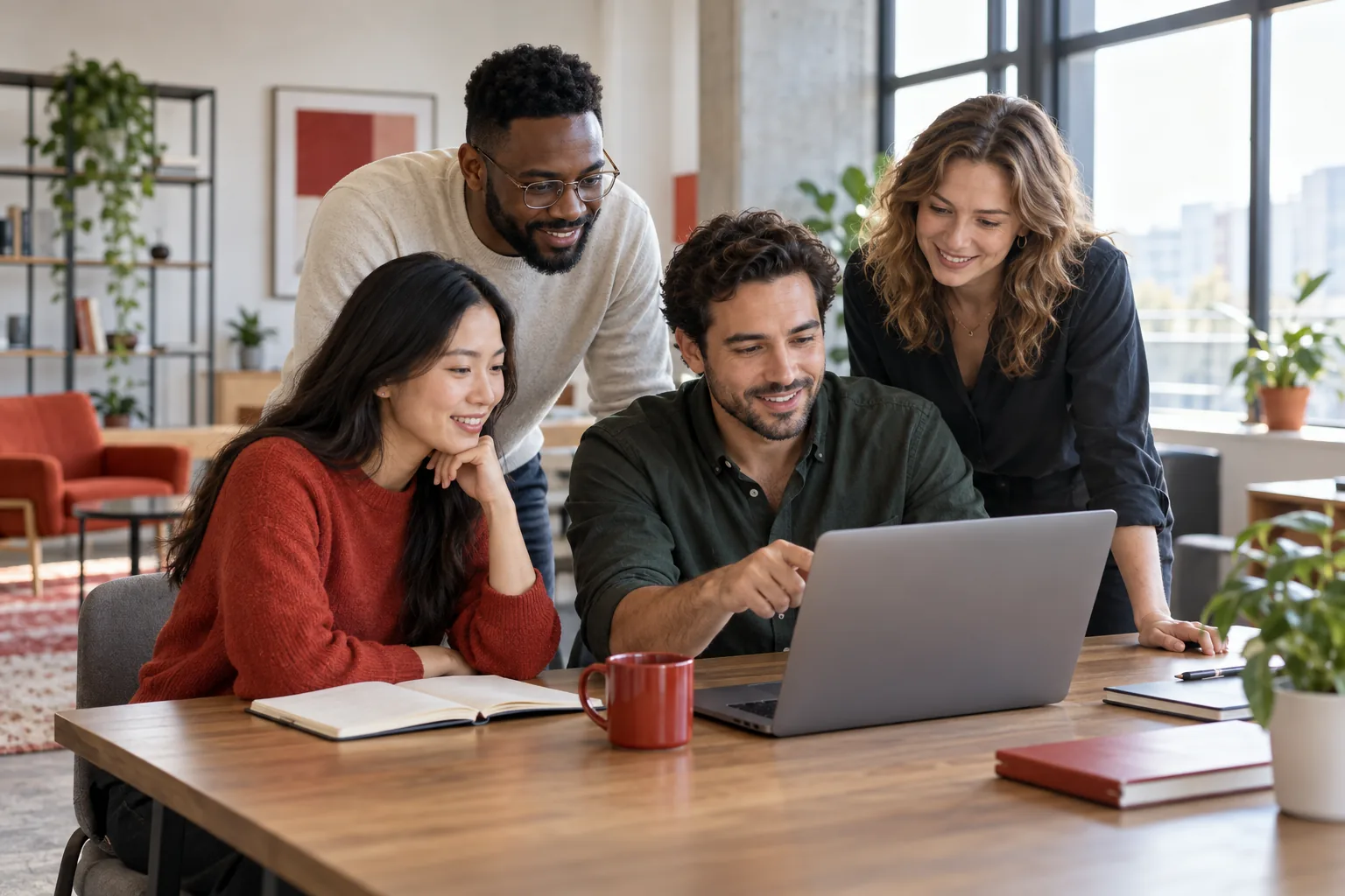Technology professionals collaborating around a laptop